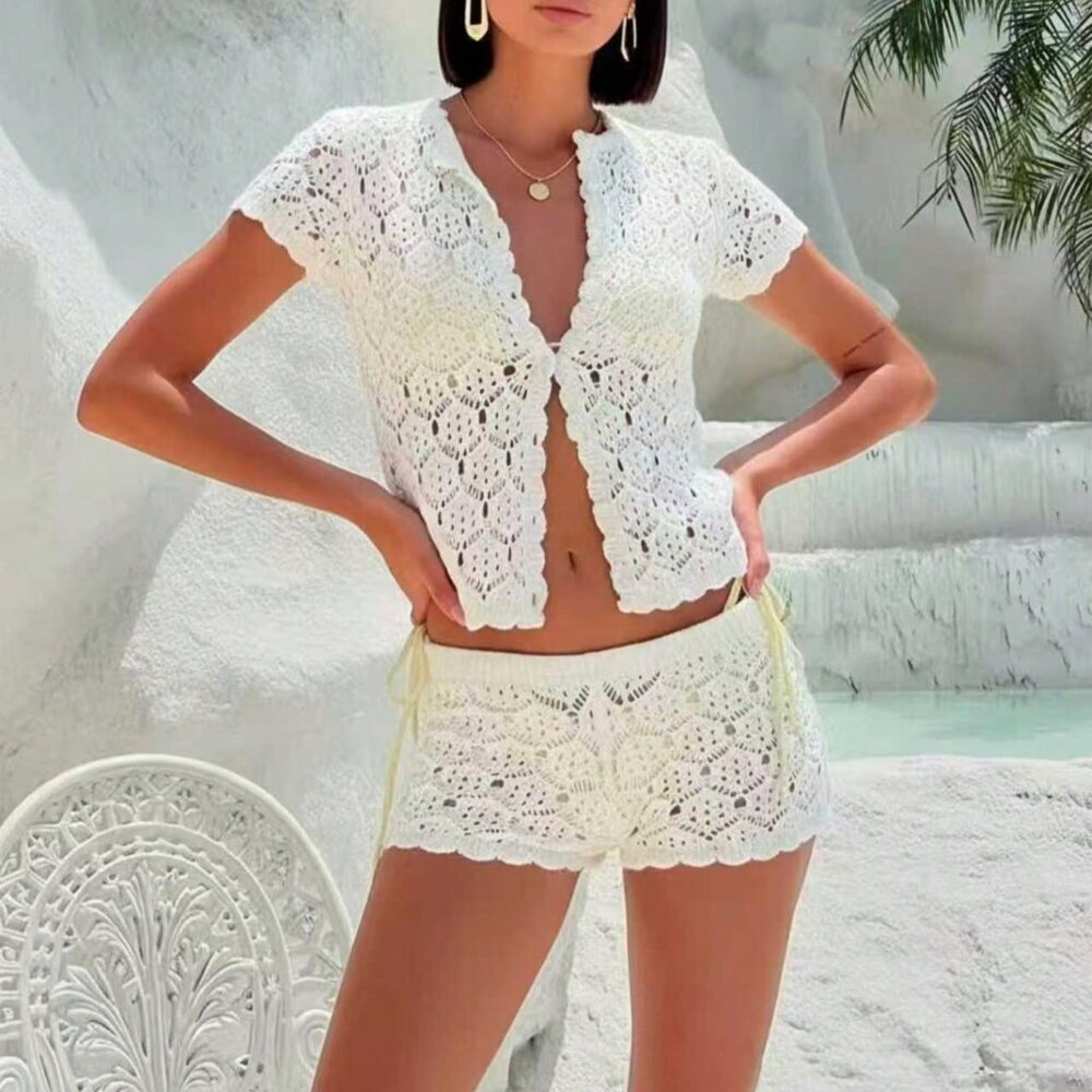 White Casual Women's Crochet Mesh Sexy Beach Vacation Cover Up Set with Shorts